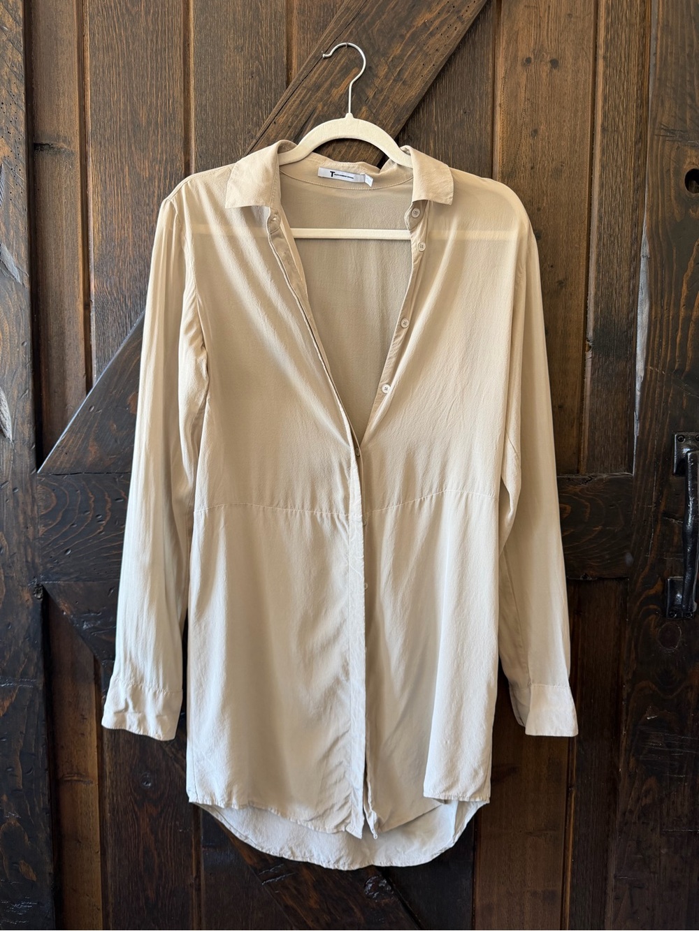 T by Alexander Wang Silk Chiffon Beige Sheer Collared Button Tunic Blouse XS